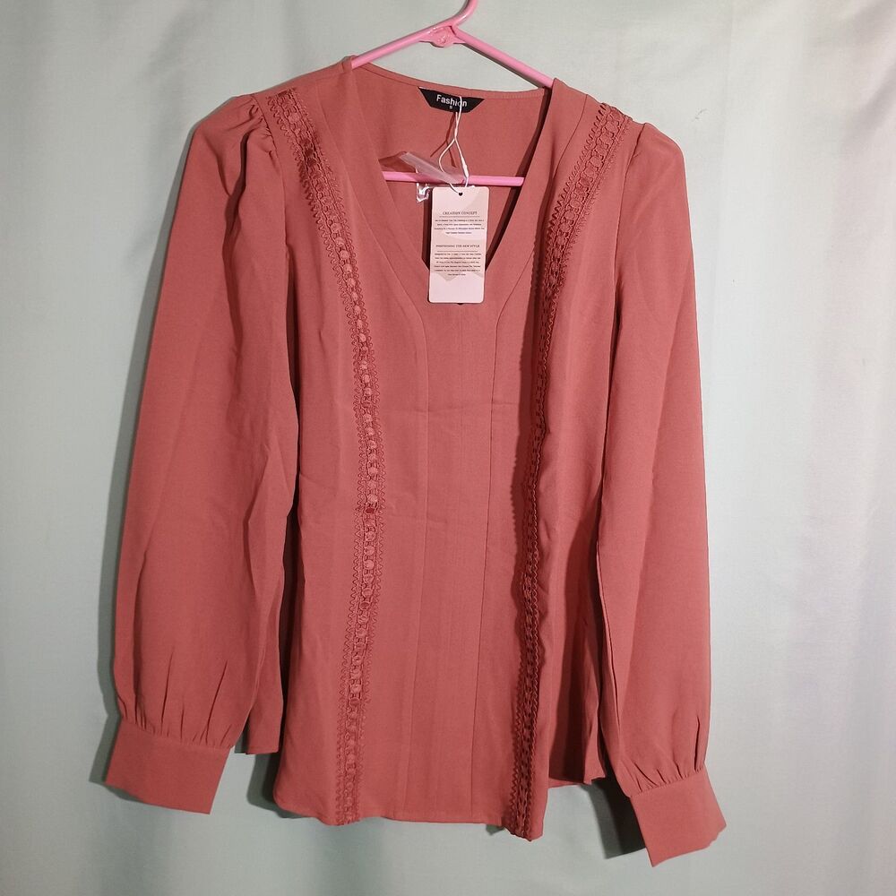 Fashion Dusty Rose Blouse Lace Trim Pin tuck Long Sleeve Boho Top